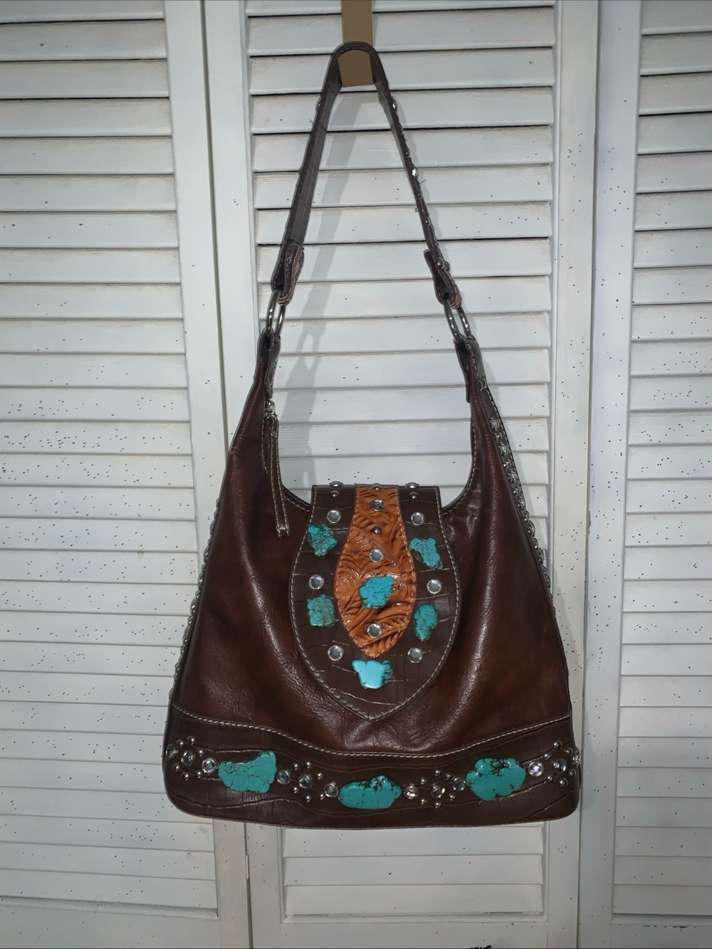 Western Style Brown Faux Leather Satchel With Turquoise Stones Large Rhinestones